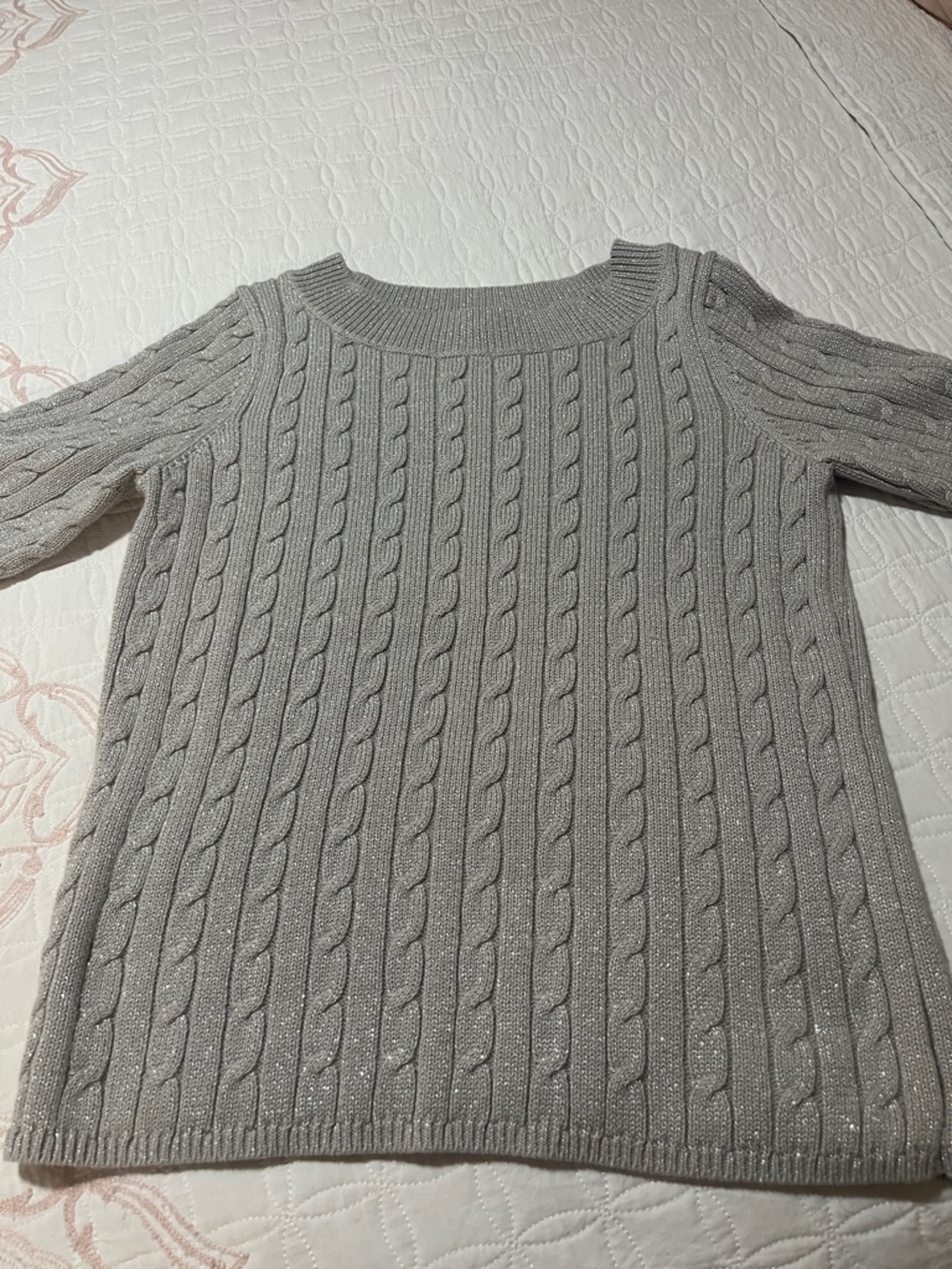 Talbots Metallic Silver, Short Sleeve, Cable Knit, Boat Neck Sweater sz L